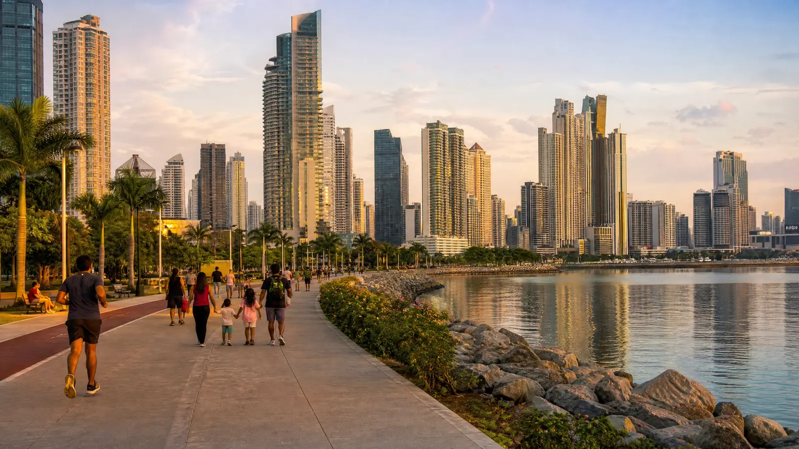 Uferpromenade Cinta Costera in Panama City mit Joggern vor der Skyline im Abendlicht