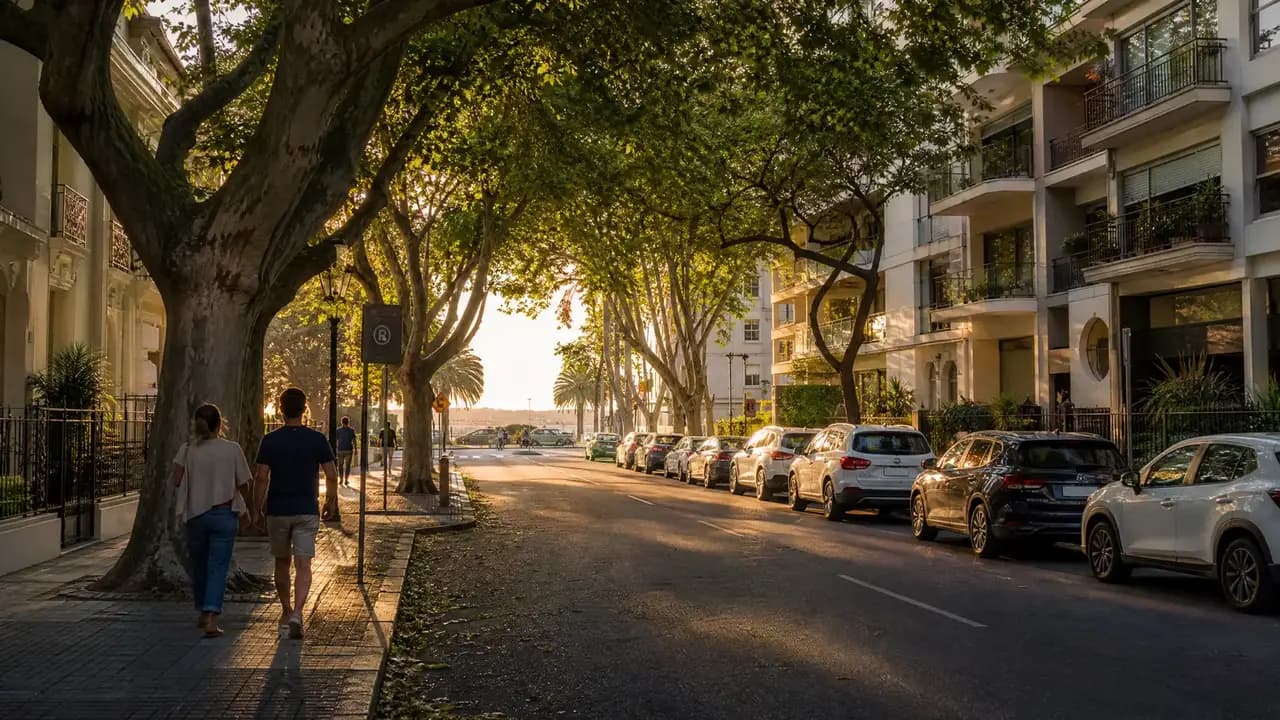 Ruhige Kopfsteinpflastergasse in Colonia del Sacramento im goldenen Abendlicht
