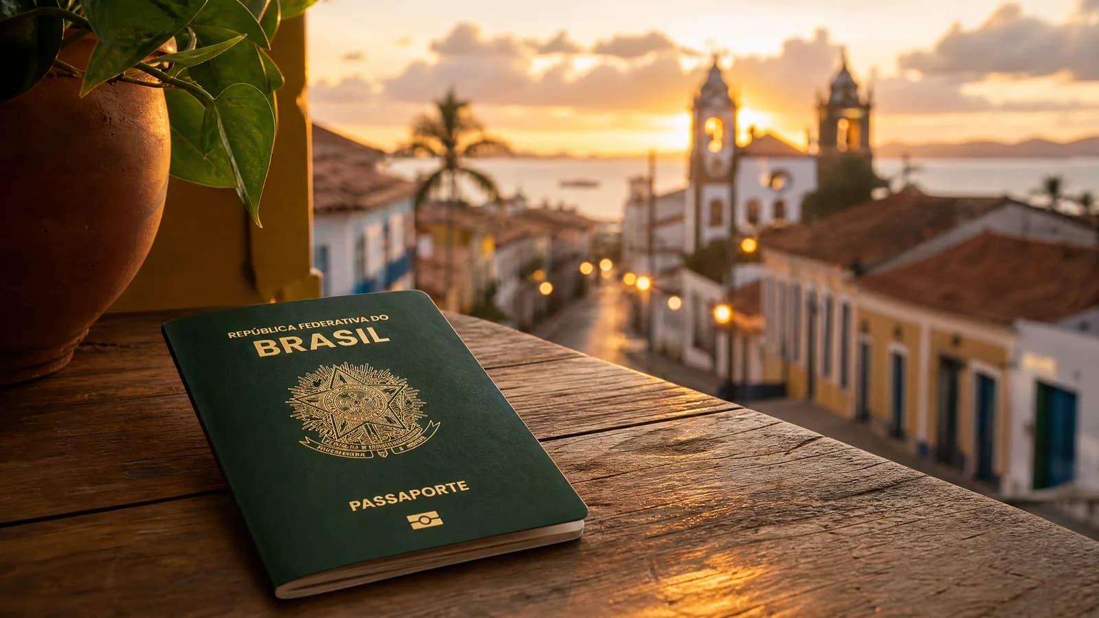 Brasilianischer Reisepass mit Aufenthaltskarte und Portugiesisch-Lehrbuch auf einem Holztisch