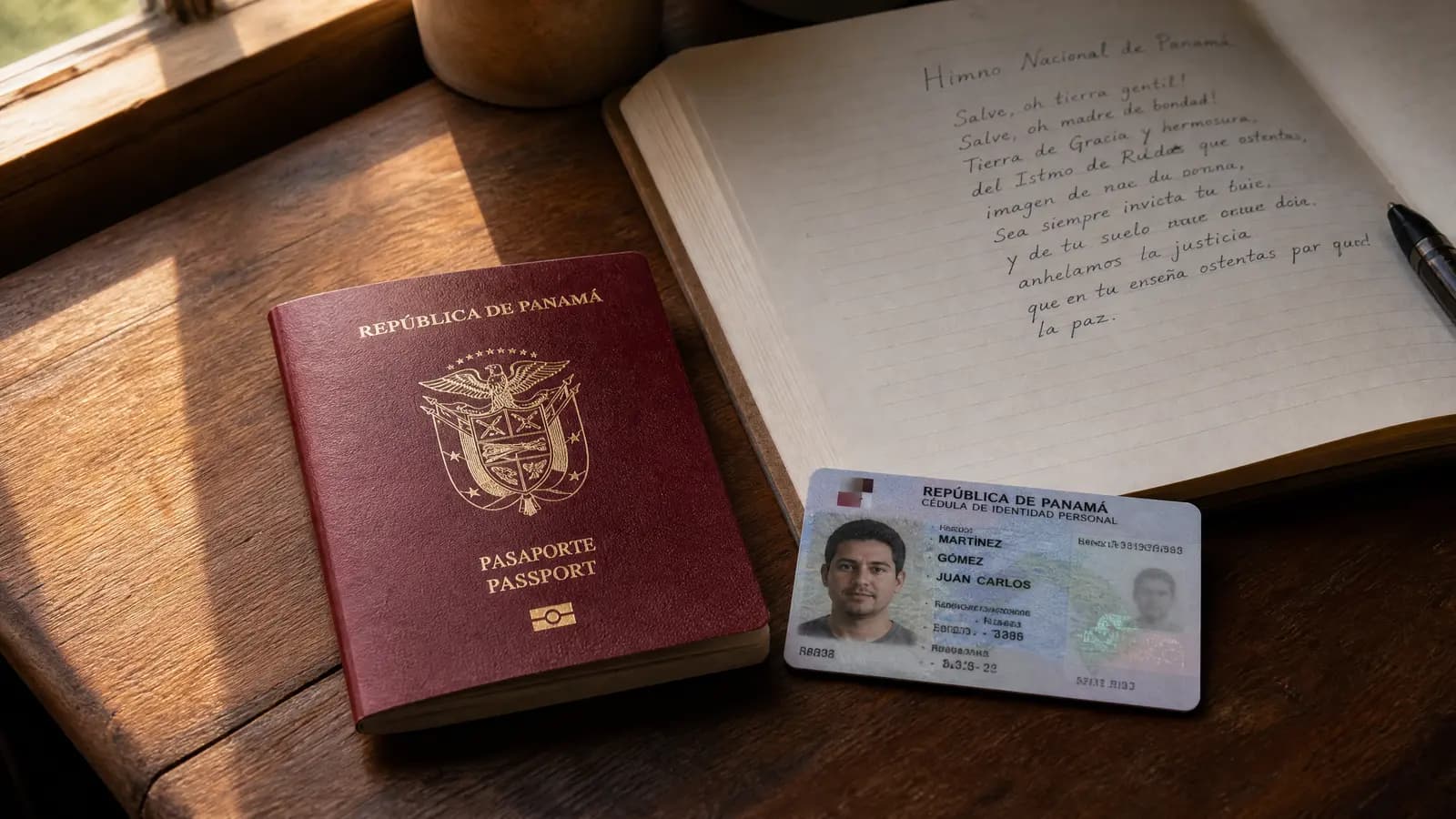 Panamaischer Reisepass mit Cédula und Lernunterlagen für die Einbürgerungsprüfung auf einem Holztisch
