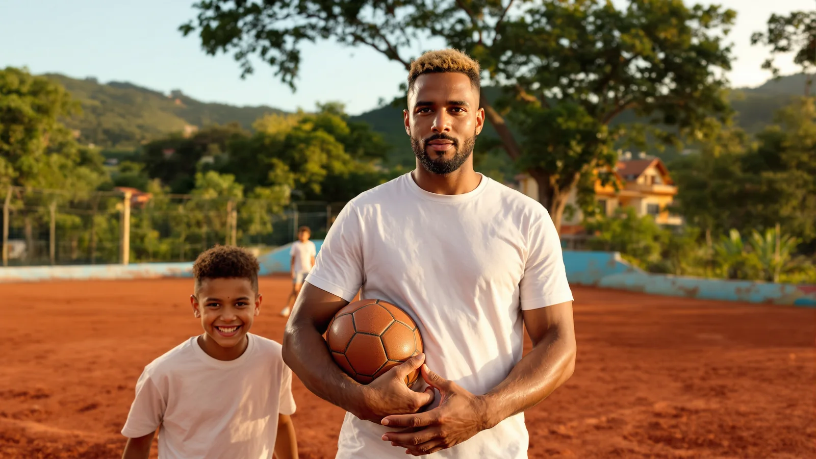 Ein Mann mit Fußball unter dem Arm und ein lachender Junge stehen im Abendlicht auf einem roten Bolzplatz am Rand einer grünen Hügelstadt in Brasilien.
