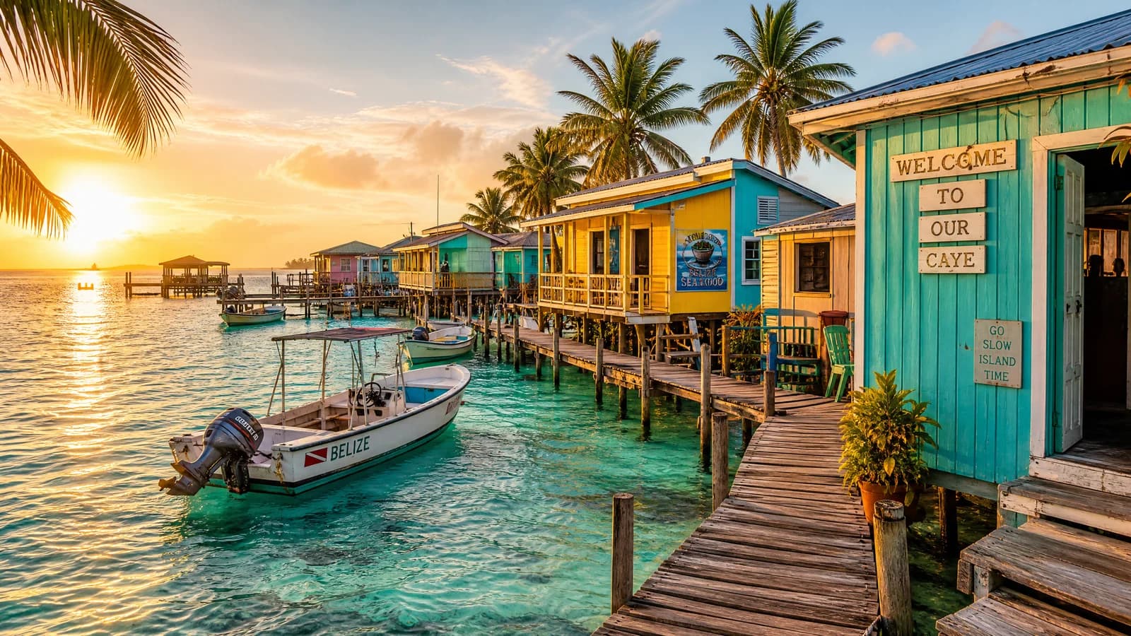 Caye in Belize mit bunten Stelzenhäusern über türkisem Wasser im Abendlicht