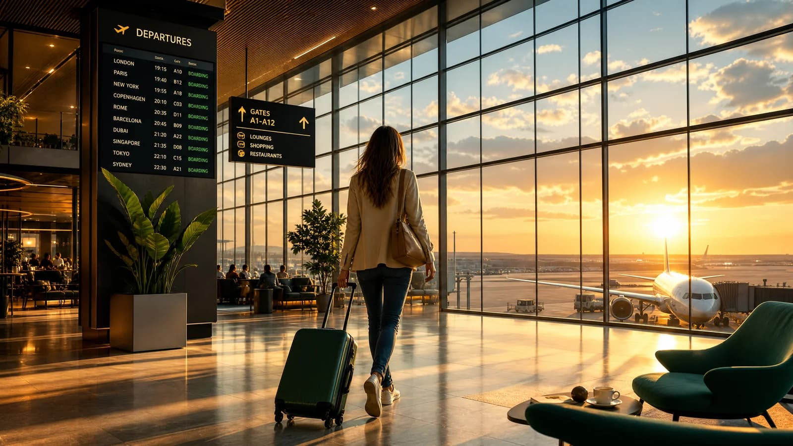Moderne Flughafen-Abflughalle mit Flugzeug im goldenen Abendlicht