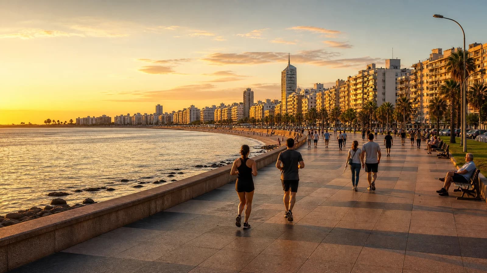 Menschen flanieren und joggen entspannt auf der Rambla von Montevideo im Abendlicht