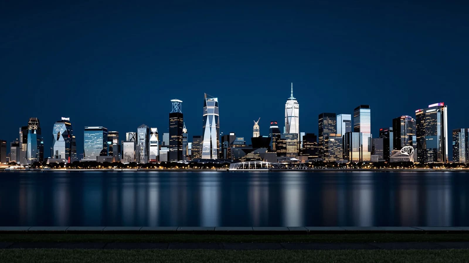 Skyline aus Glastürmen spiegelt sich zur blauen Stunde im ruhigen dunklen Wasser.