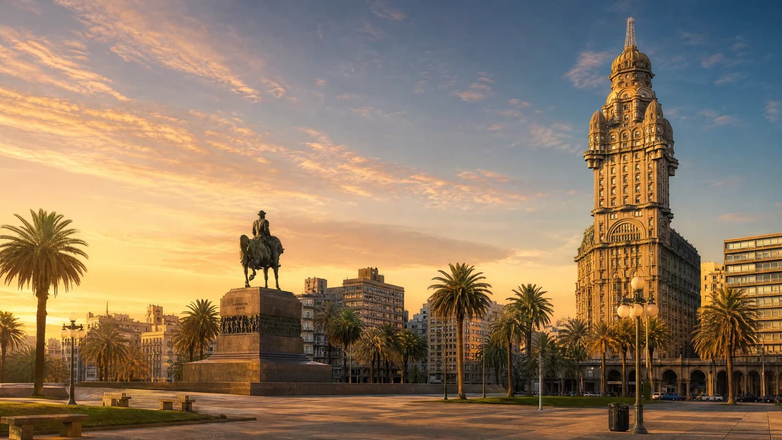 Plaza Independencia in Montevideo mit dem Palacio Salvo im Abendlicht
