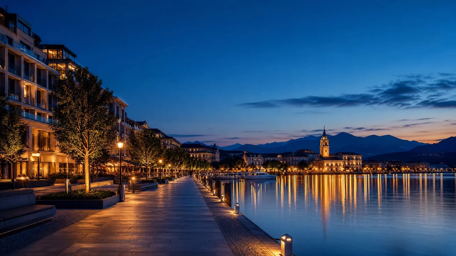 Elegante Uferpromenade in der blauen Stunde mit warmen Lichtern und ruhigem Wasser