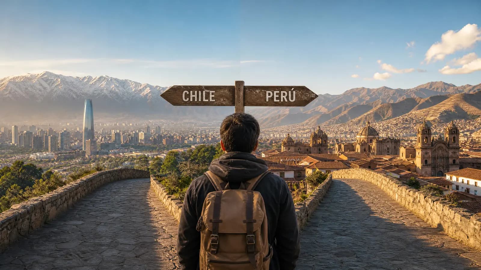 Person mit Rucksack an einem Wegweiser zwischen Chile und Peru, links Santiago-Skyline mit Anden, rechts koloniale Architektur Cuscos.