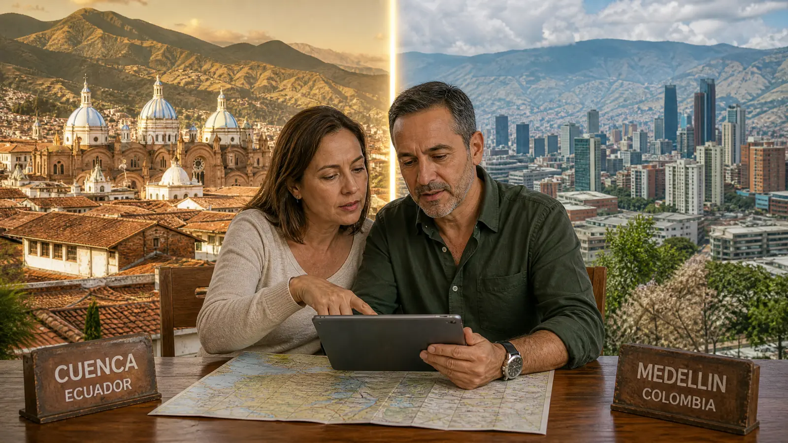 Paar vergleicht Optionen auf Karte und Tablet, links Kolonialaltstadt Cuenca Ecuador, rechts moderne Skyline Medellin Kolumbien.